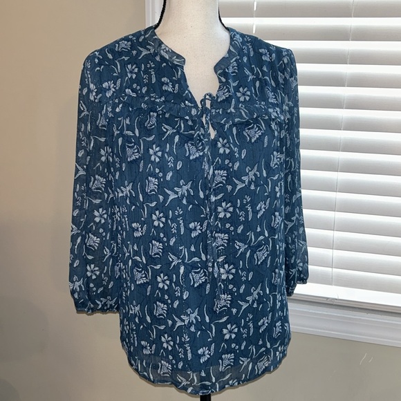 Wonderly Tops - Wonderly blue floral tie blouse